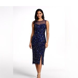 Adrianna Papell Midnight Blue Sequin Midi Dress sz 4 NWT cocktail formal evening